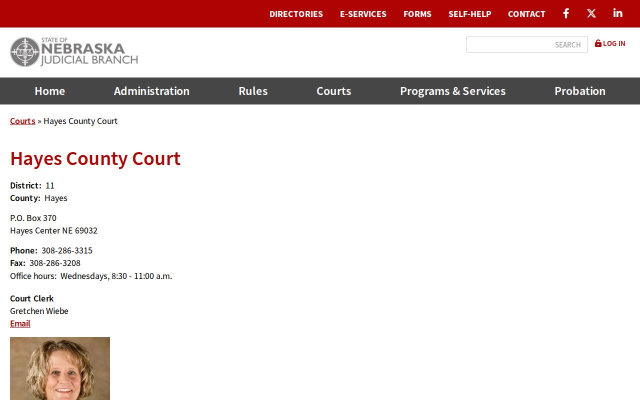 Current Nebraska Judicial Branch Hayes County Court contact page