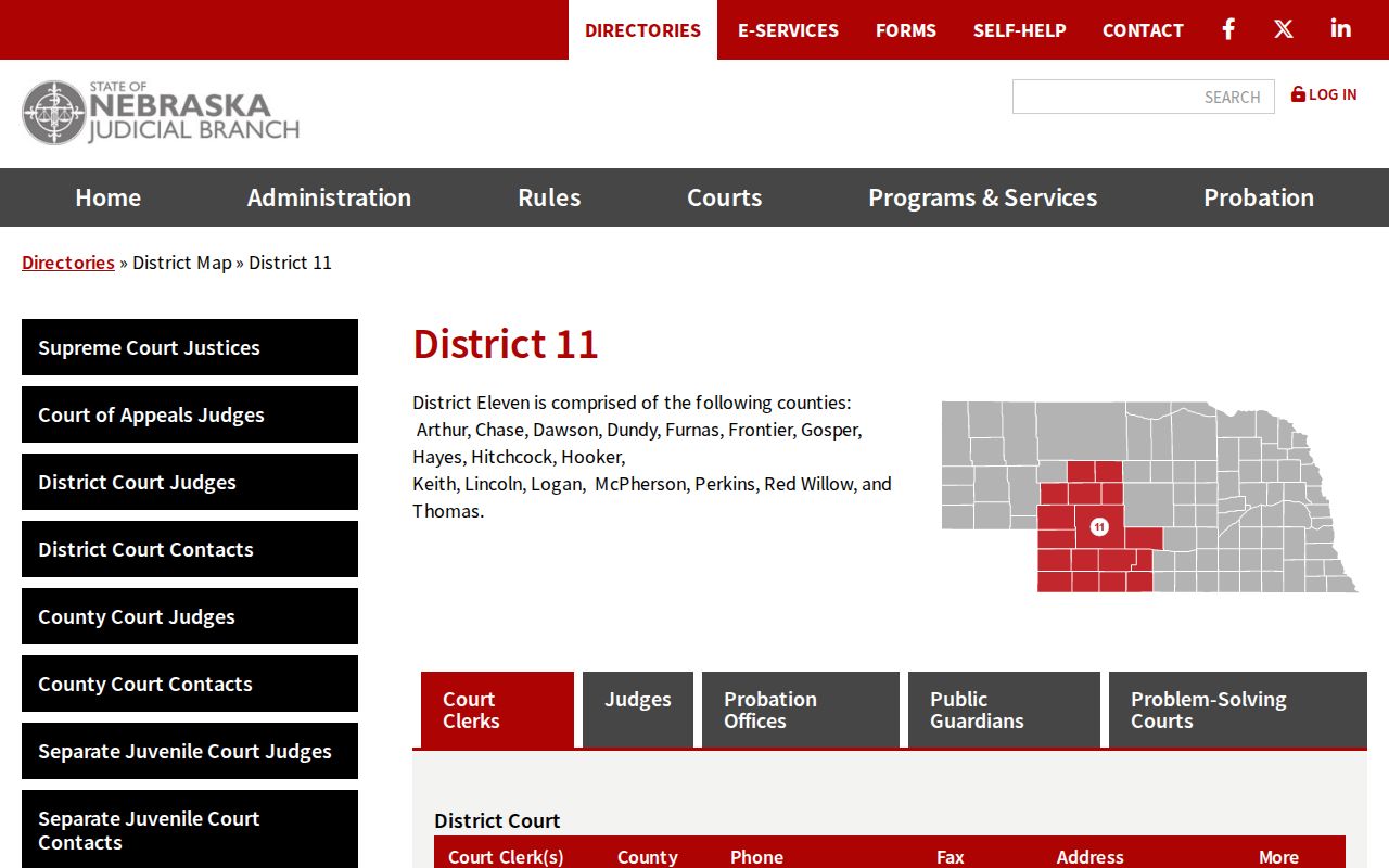 Nebraska Judicial District 11 map and Hayes County court directory
