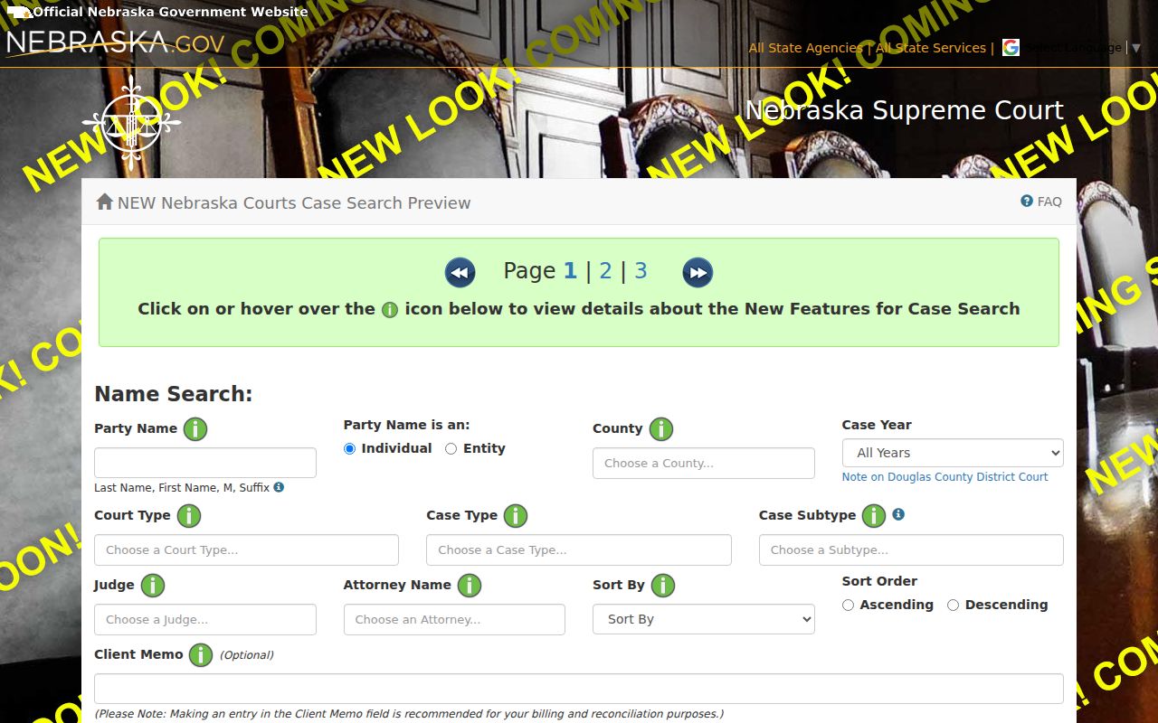Nebraska JUSTICE one-time court case search fields