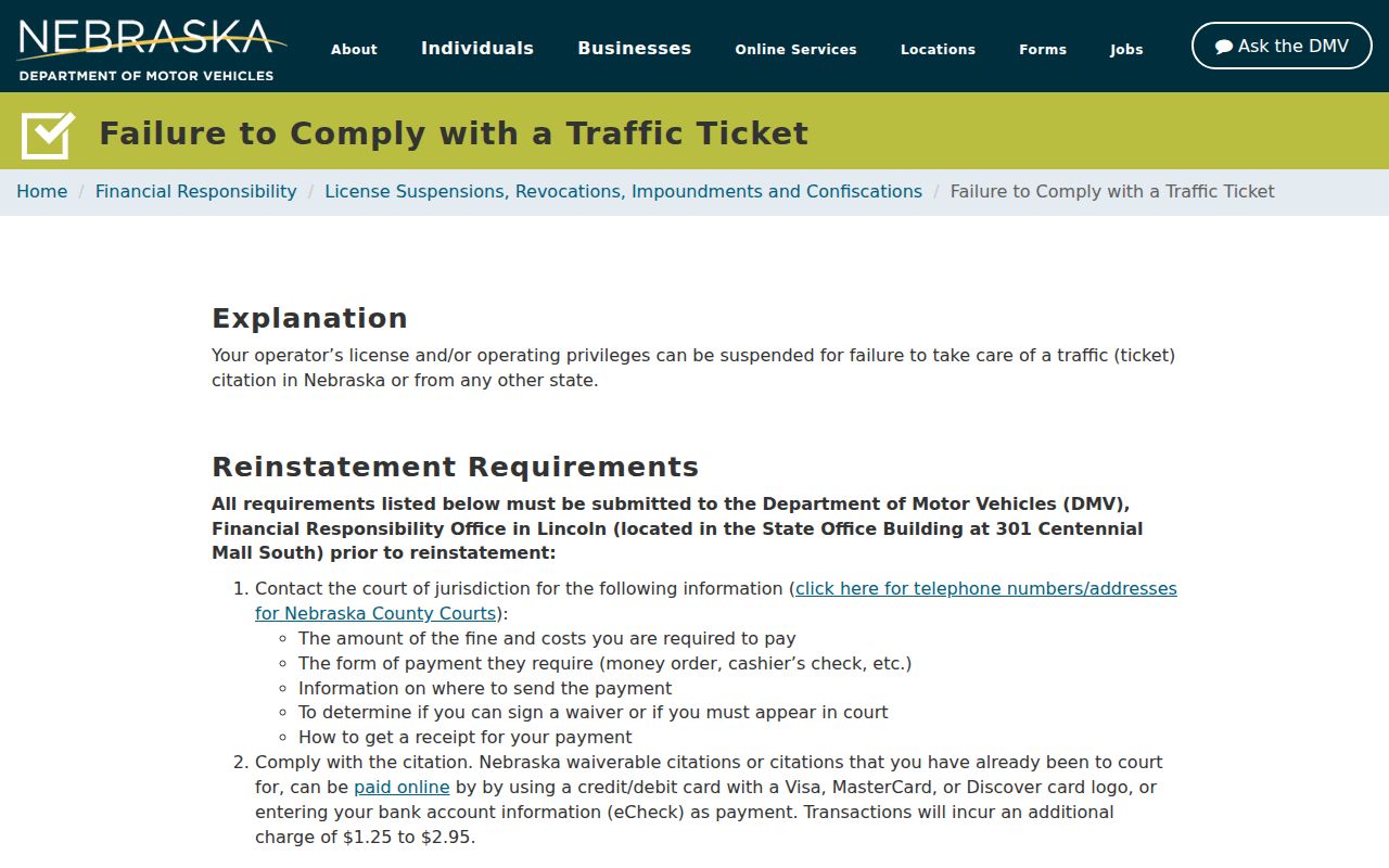 Nebraska DMV citation compliance and reinstatement guidance