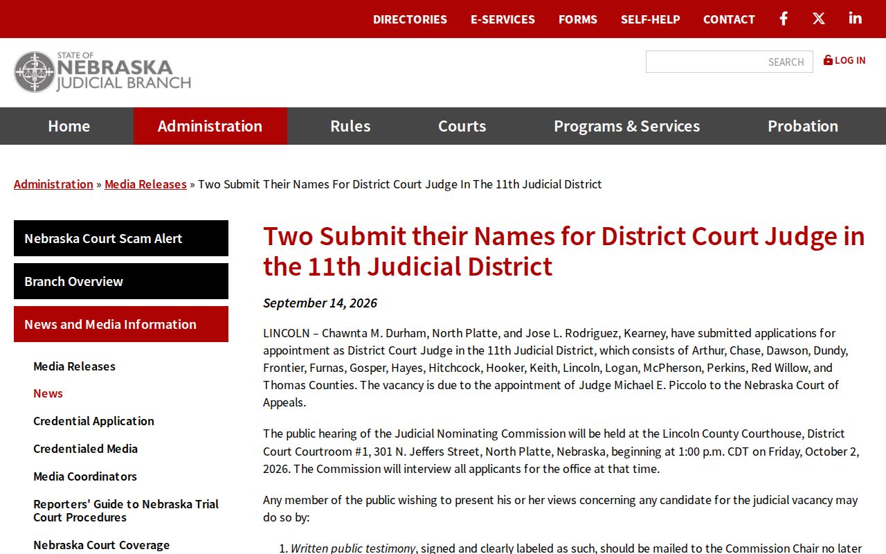 Nebraska Judicial Branch District 11 vacancy announcement