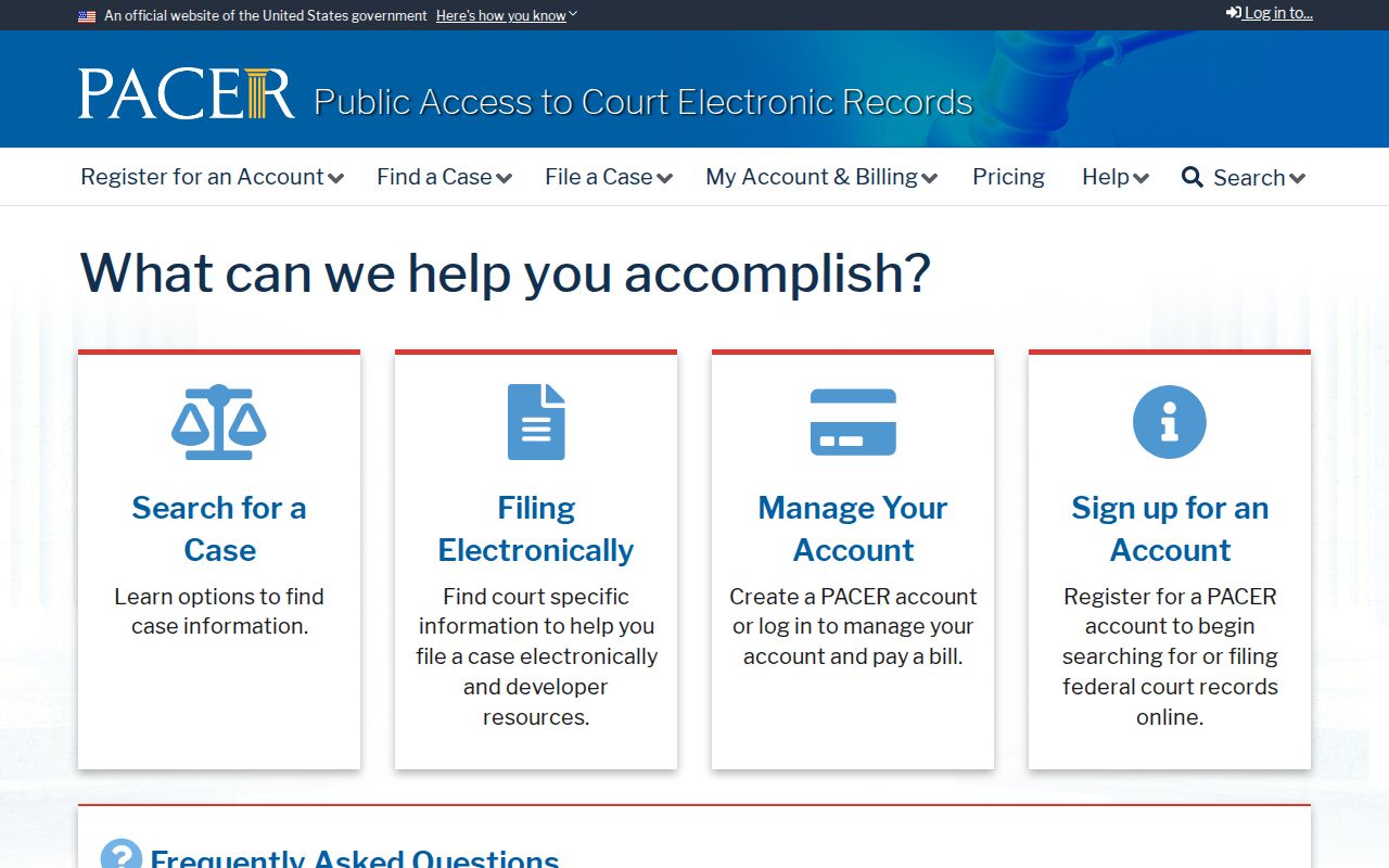 Official federal PACER docket access page